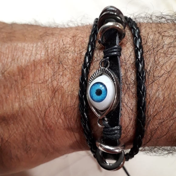 Blue EYE BALL Leather Wristband Bracelet - Picture 6 of 7